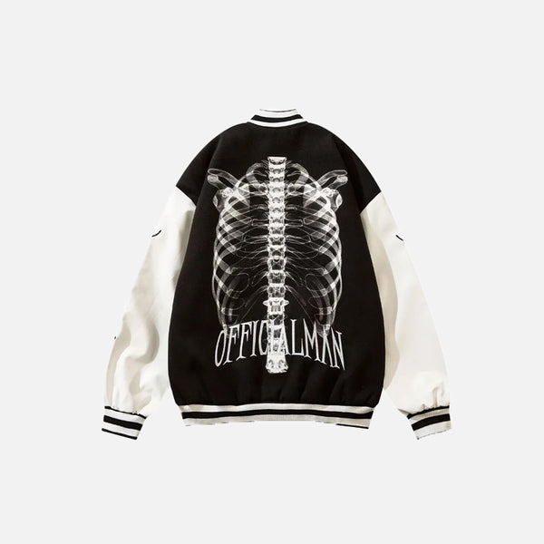 Back view of the black Skeleton Print Embroidery Varsity Jacket in a gray background