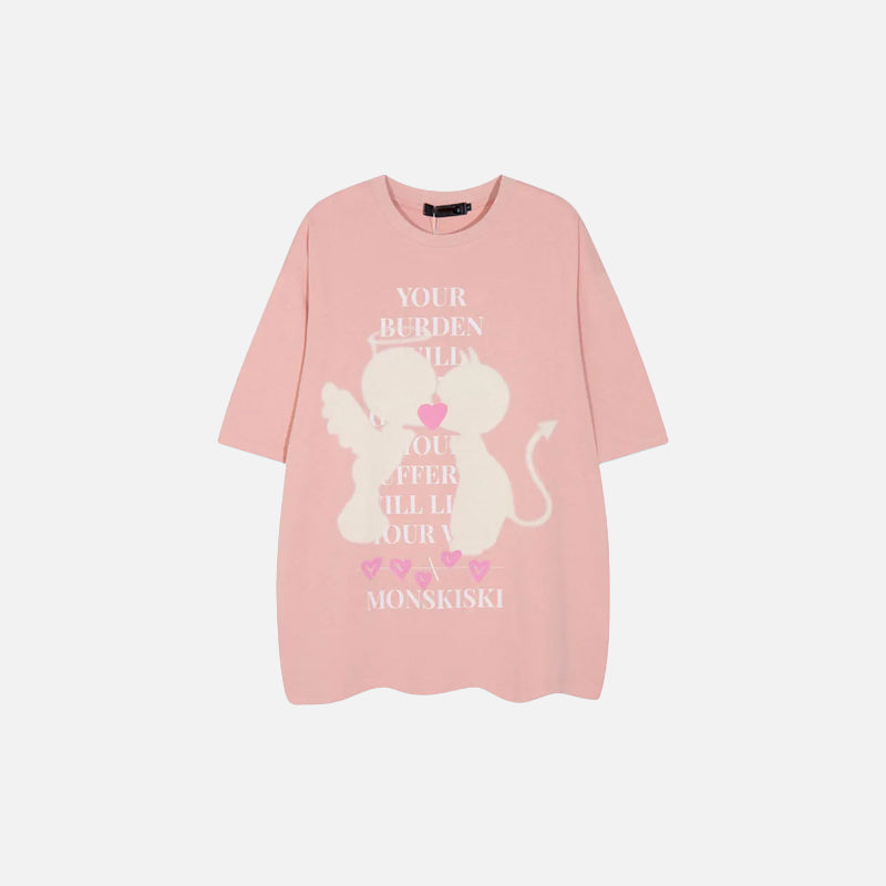 front view of the pink Devil & Angel Loose T-shirt in a gray background