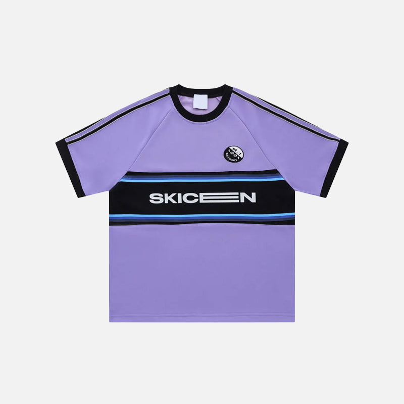 Front view of the purple Y2K Sports Striped Patchwork T-shirt in a gray background from DAXUEN.