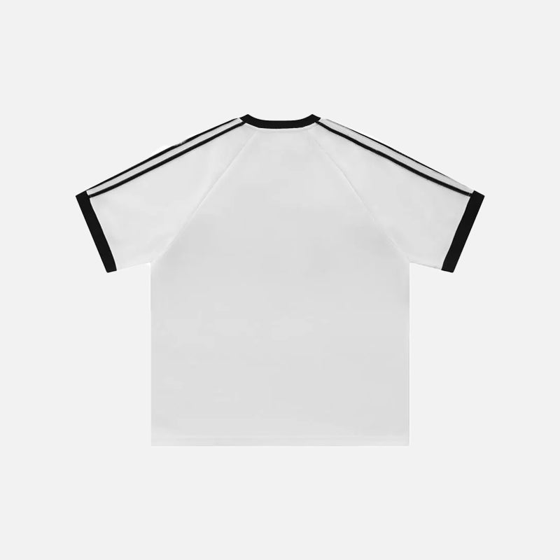 back view of the white Y2K Sports Striped Patchwork T-shirt in a gray background from DAXUEN.