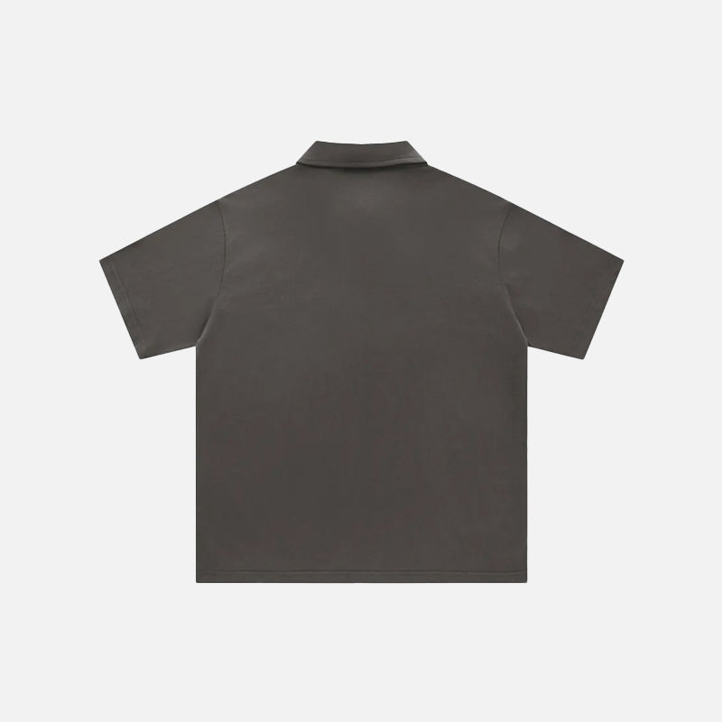 Back view of the gray Vintage Polo Splicing Color T-shirt in a gray background from DAXUEN.