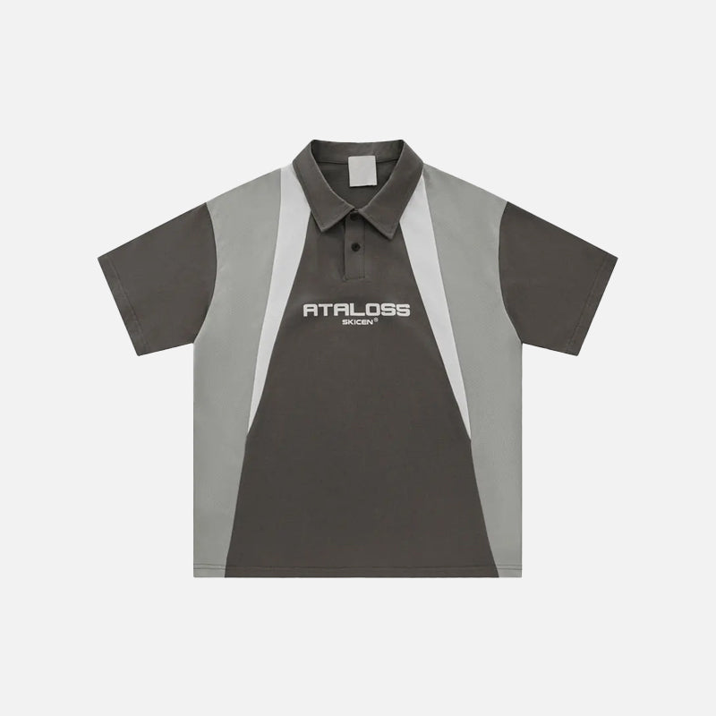 Front view of the gray Vintage Polo Splicing Color T-shirt in a gray background from DAXUEN