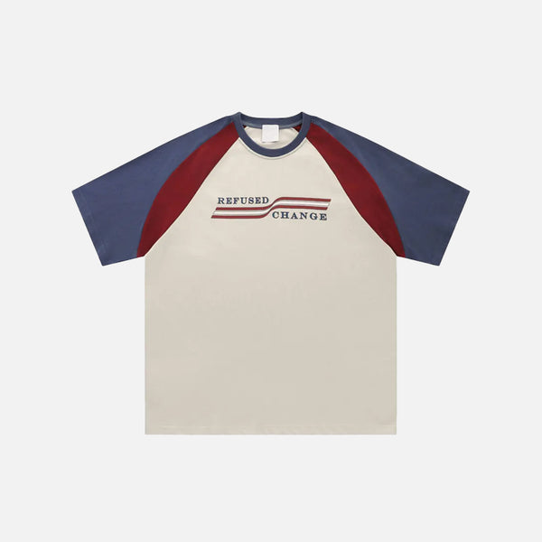 Front view of the beige Y2K Letter Striped Print T-shirt in a gray background from DAXUEN.