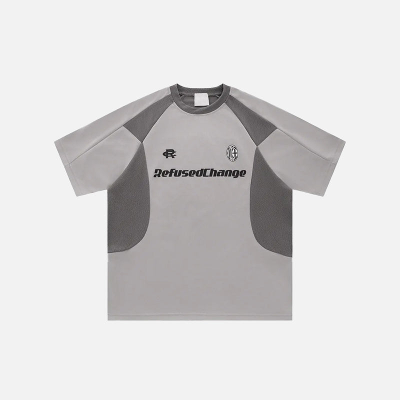 Front view of the gray Retro Racing Patchwork T-shirt in a gray background from DAXUEN.