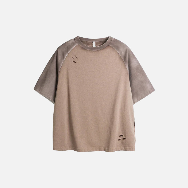 Front view of the coffee Vintage Patched Shoulders T-shirt from DAXUEN