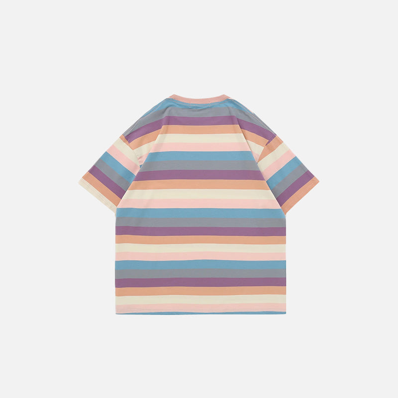 Back view of the pink Pastel Rainbow Stripes T-shirt in a gray background