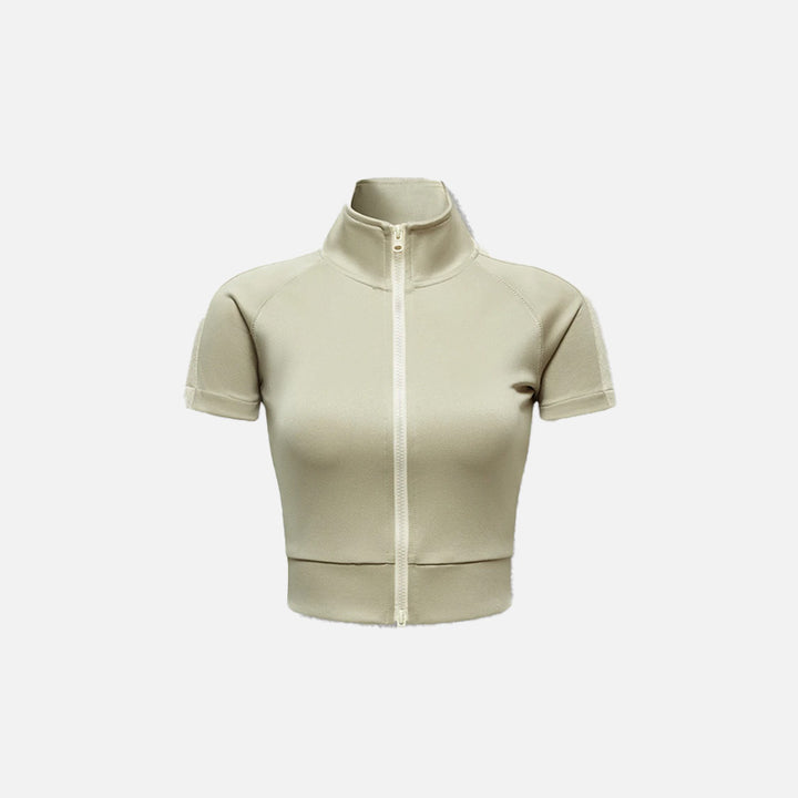 Front view of the gray camel Y2k Women's Zip-up Crop Top in a gray background