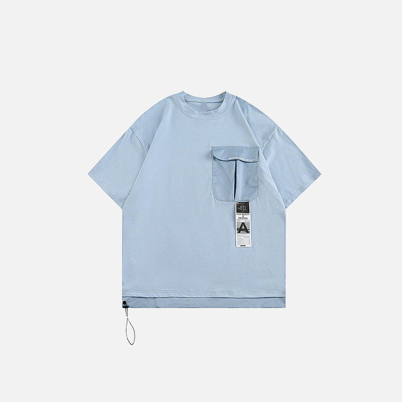 Front view of the blue Y2k Loose Pocket T-shirt in a gray background