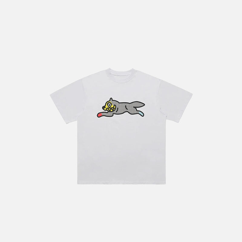 Front view of the white Playful Cat T-shirt in a gray background