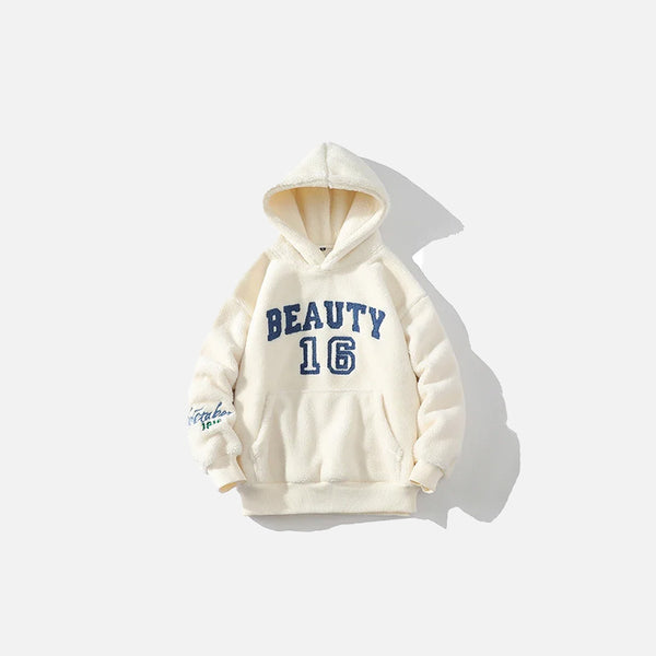 Front view of the beige Loose Fluffy Fleece Hoodie in a gray background