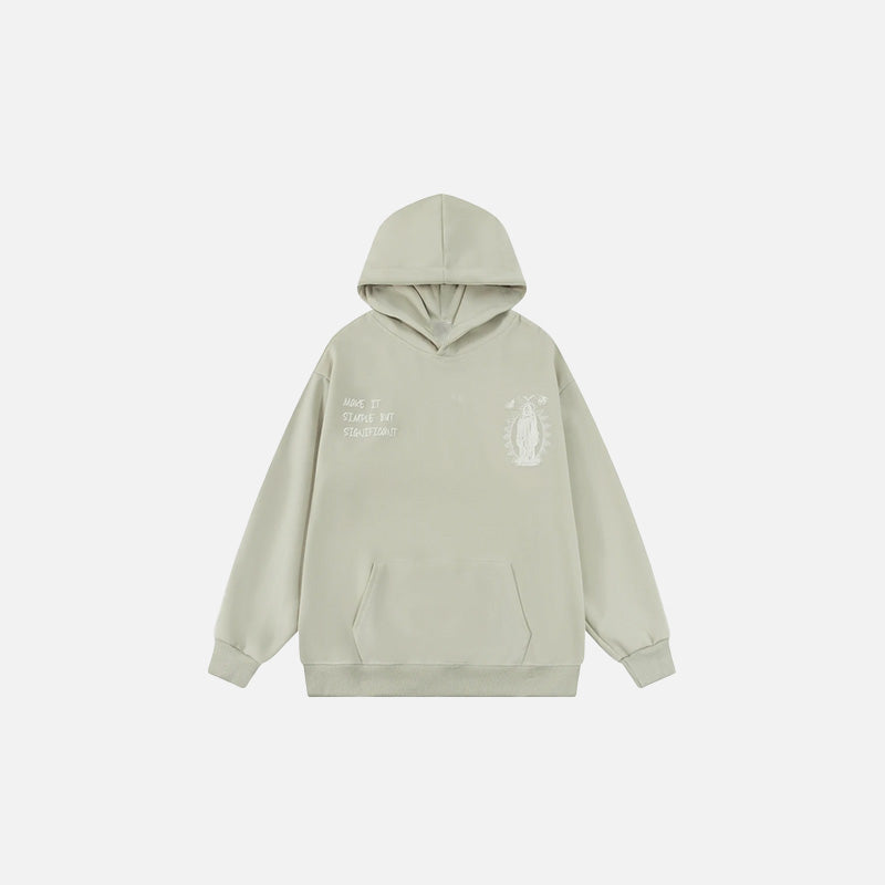 Front view of the beige Heavenly Guardian Scared Art Hoodie in a gray background