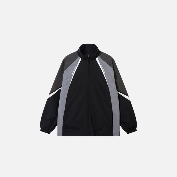 Front view of the black Y2K Retro Zip-Up Windbreaker Jacket in a gray background