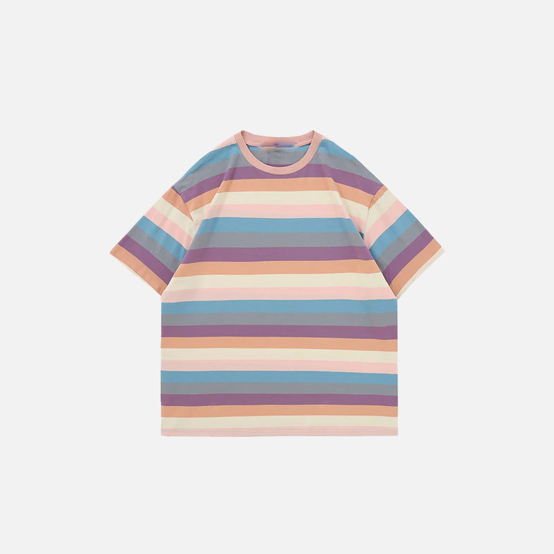 Front view of the pink Pastel Rainbow Stripes T-shirt in a gray background