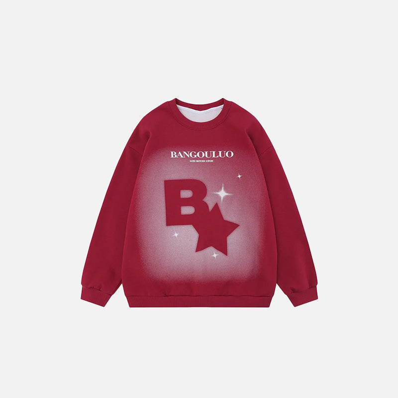 Front view of the red Y2k Star Print Sweatshirt in a gray background