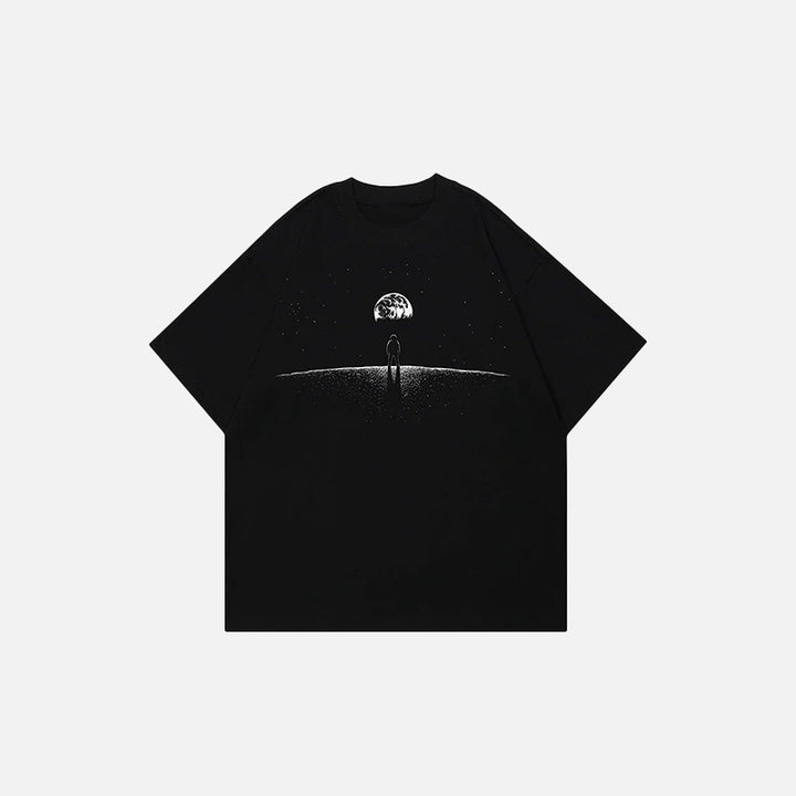 Front view of the Lunar Dreamer Black T-shirt in a gray background