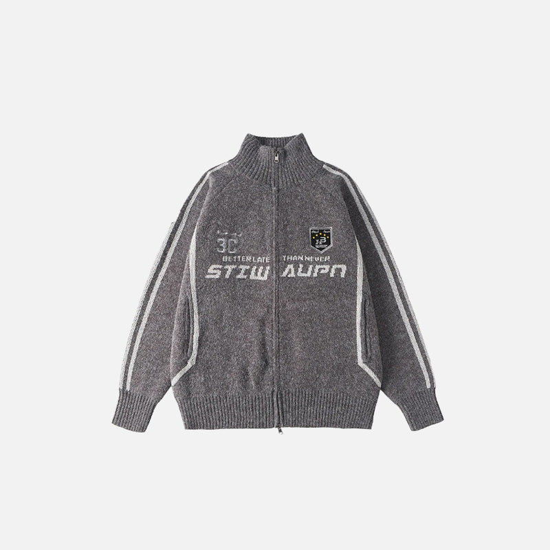 Front view of the grey Retro Sports Zip-Up Sweatshirt in a gray background