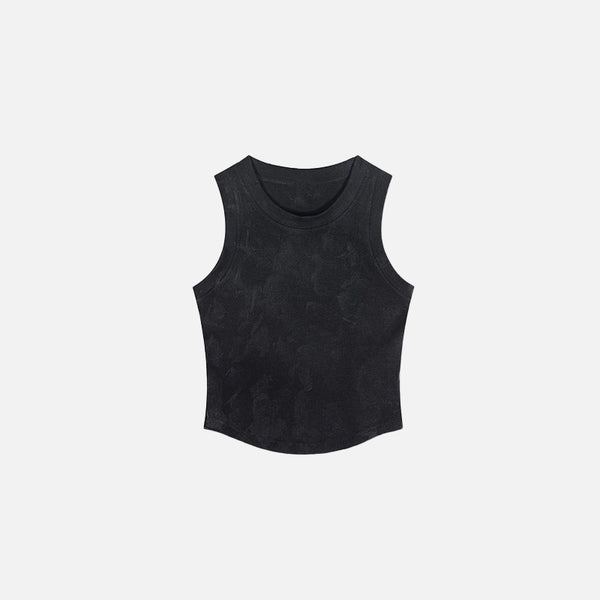 Front view of the black Sleeveless Washed Crop Top in a gray background