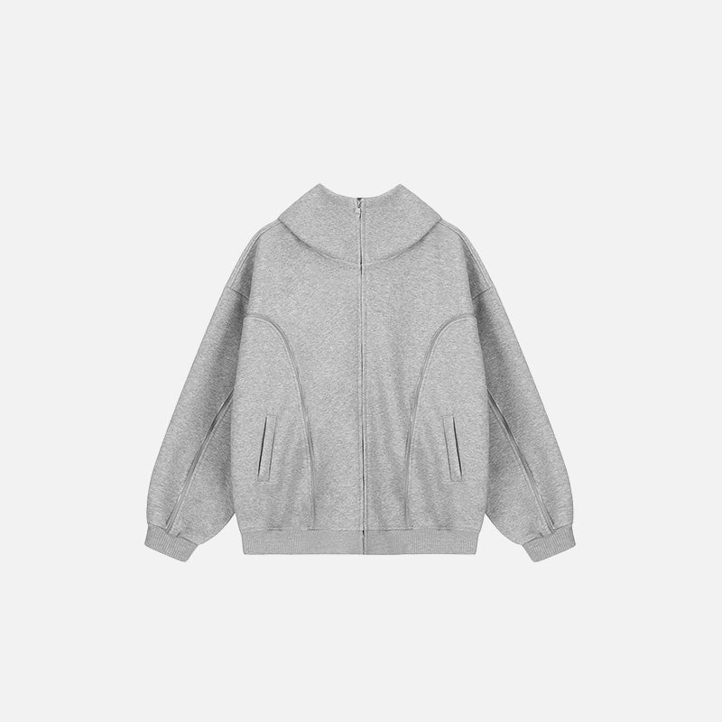 Front view of the gray Curved Seam Zip-Up Hoodie in a gray background