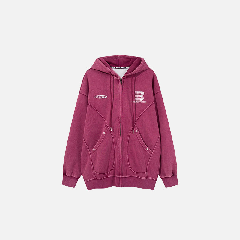 Front view of the pink Urban Zip-Track Hoodie in a gray background