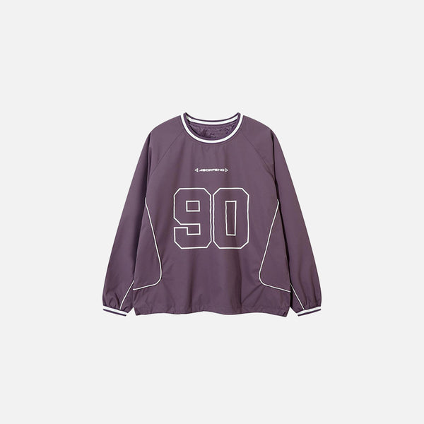 Front view of the purple Sporty 90s Sweatshirt in a gray background