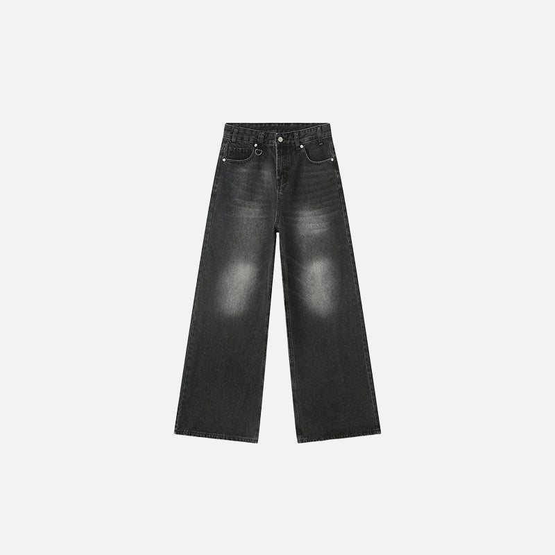 Front view of the washed black Wide-Leg Vintage Denim Jeans in a gray background