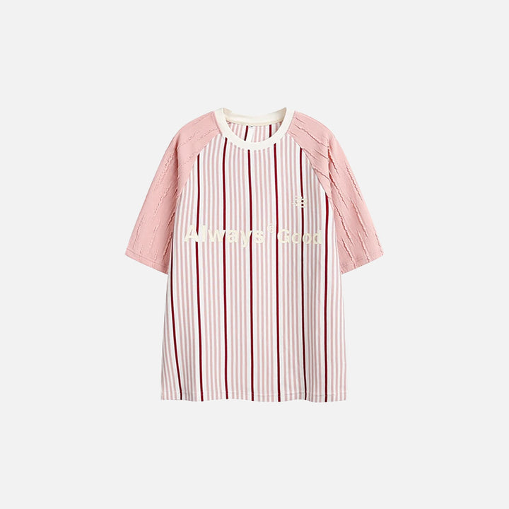 Front view of the pink Striped Casual Raglan T-shirt in a gray background
