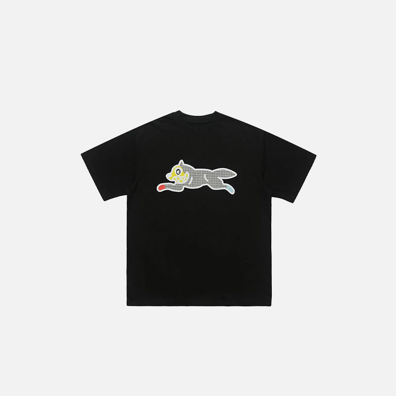 Front view of the black Playful Cat T-shirt in a gray background