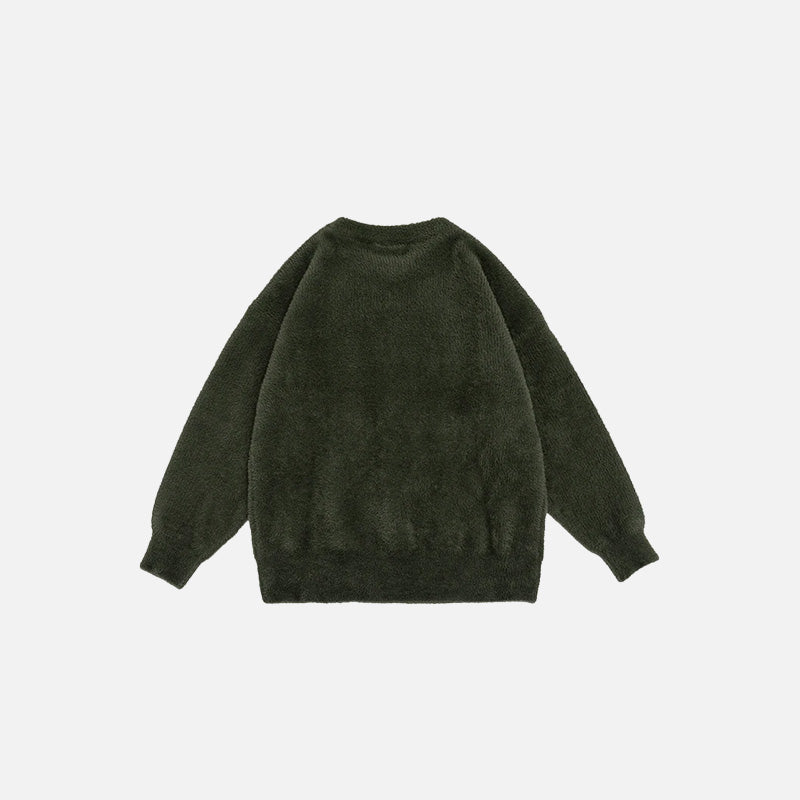 Back view of the green Classic Cozy Knit Sweatshirt in a gray background