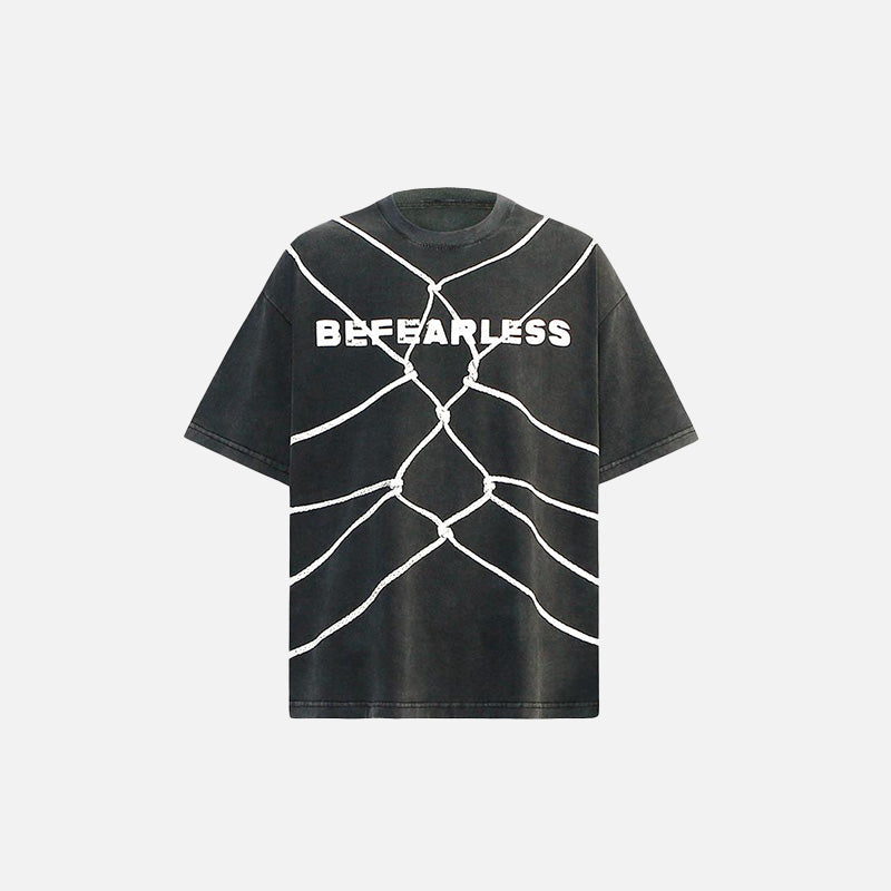 Front view of the black Web of Bravery T-shirt in a gray background