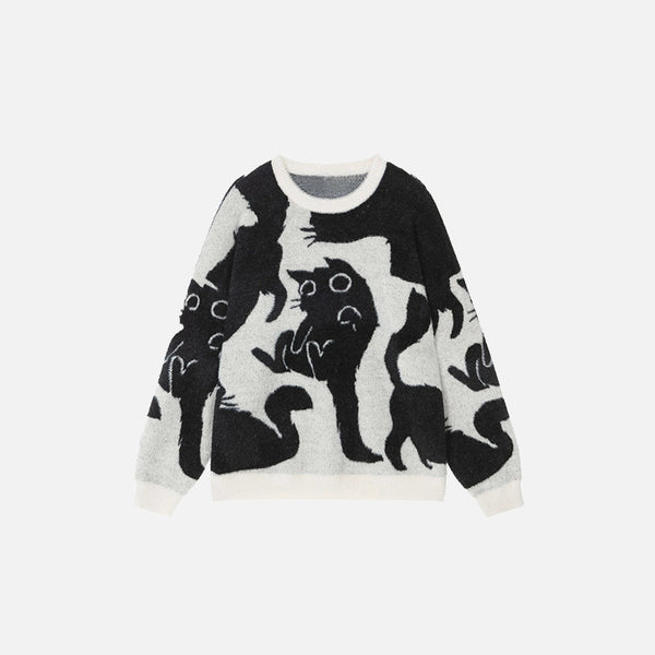 Front view of the black Mystic Cat Silhouettes Sweater in a gray background