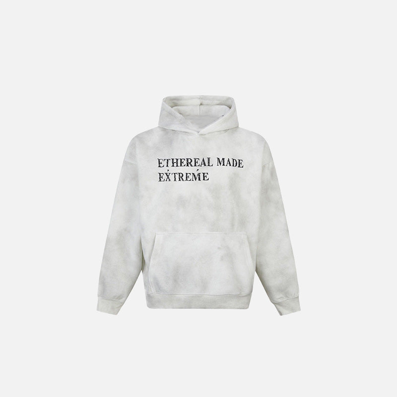 Front view of the white Ethereal Made Extreme Hoodie in a gray background