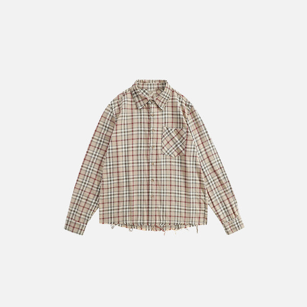 Front view of the apricot Distressed Plaid Button-Up Shirt in a gray background