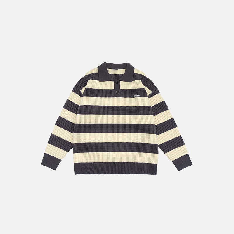 Front view of the dark grey Classic Striped Polo Sweatshirt in a gray background