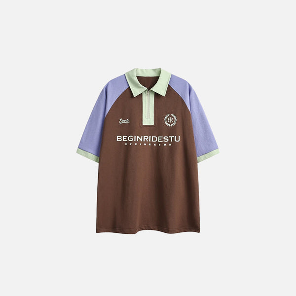 Front view of the coffee Loose Patchwork Polo T-shirt in a gray background