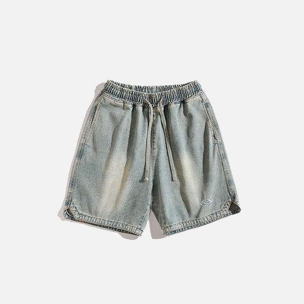 Front view of the blue Vintage Washed Denim Shorts in a gray background