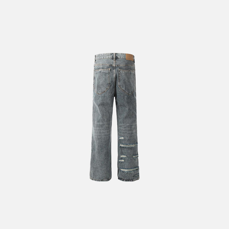 Back view of the blue Distressed Button-Fly Denim Jeans in a gray background