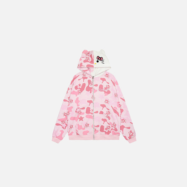 Front view of the pink Iconic Character Camo Hoodie in a gray background