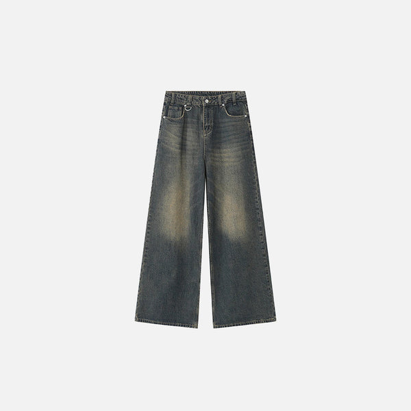 Front view of the washed blue Wide-Leg Vintage Denim Jeans in a gray background