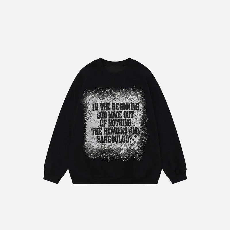 Front view of the black Genesis Quote Graphic Sweatshirt in a gray background