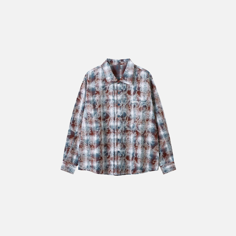 Front view of the red Textured Grid Button-Up Shirt in a gray background