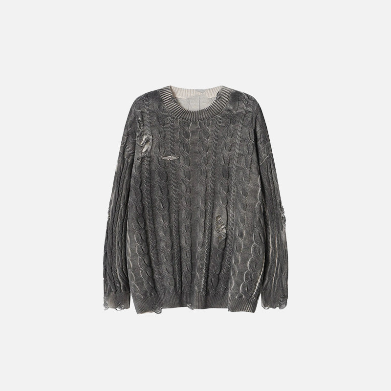 Front view of the gray Distressed Cable Knit Sweater in a gray background