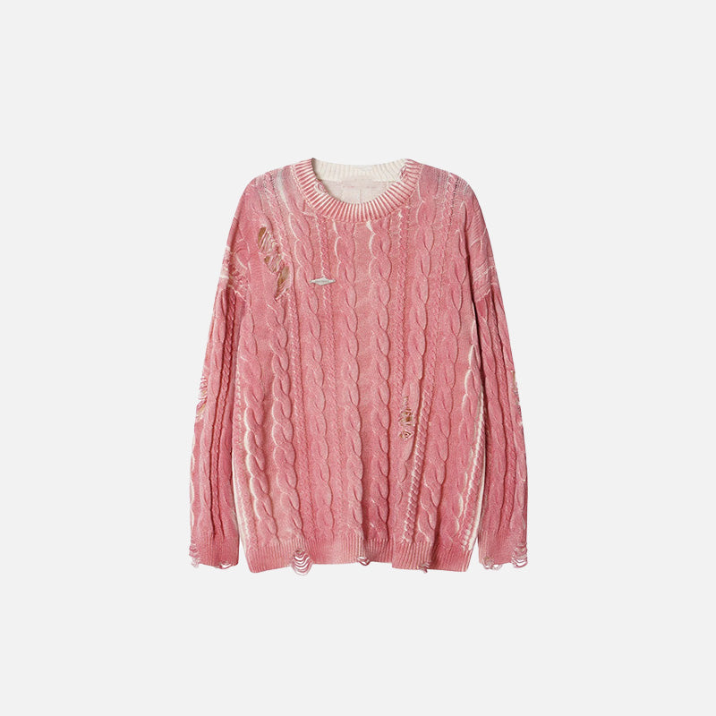 Front view of the pink Distressed Cable Knit Sweater in a gray background