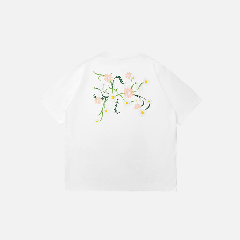 Front view of the white Flower Print Loose T-shirt in a gray background 