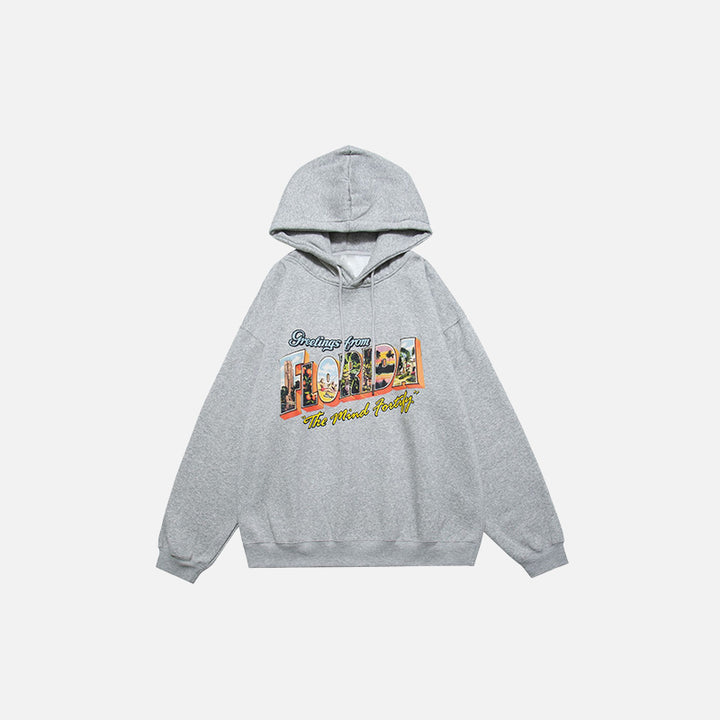 Front view of the gray "Florida" Fleece Letter Print Hoodie in a gray background 