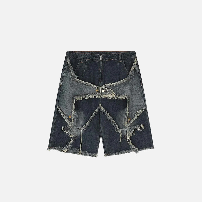 Front view of the dark blue Vintage Starry Fringe Jorts in a gray background