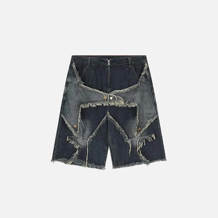 Front view of the dark blue Vintage Starry Fringe Jorts in a gray background
