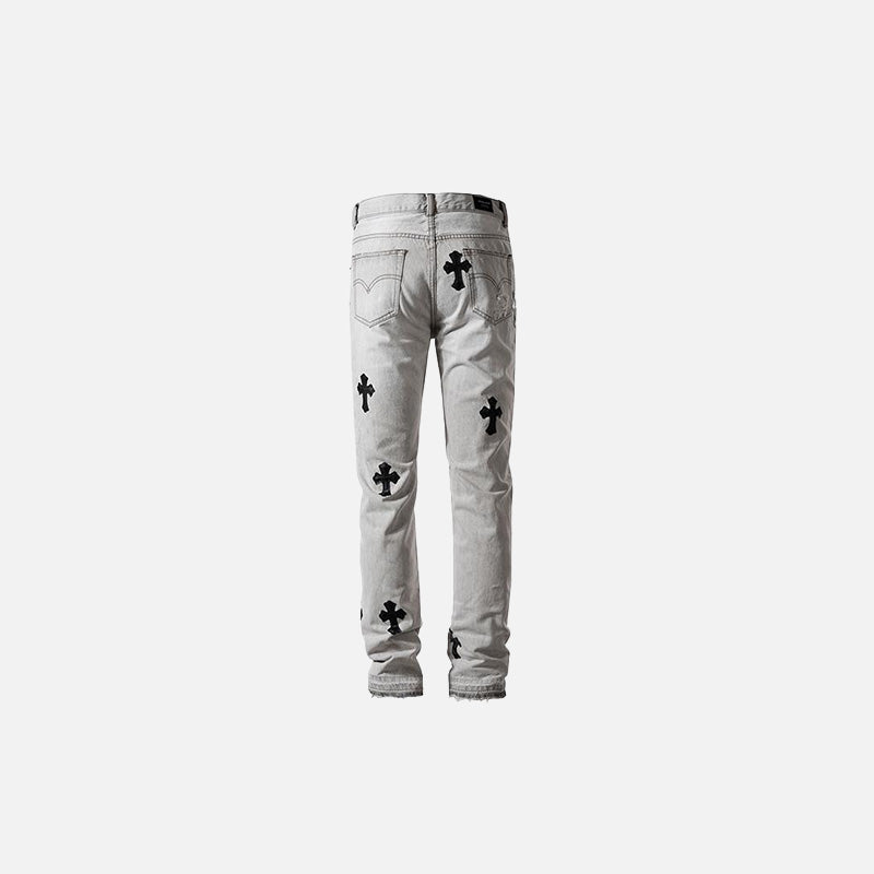 Back view of the light gray Cross Ripped Slim-fit Jeans in a gray background