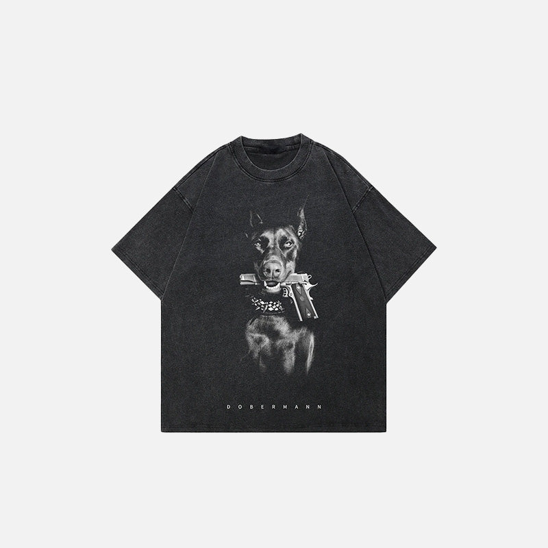 Front view of the black Doberman Gangster Dog Graphic T-shirt in a gray background 