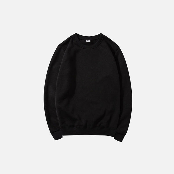 Front view of the black Essential Pullover Sweatshirt in a gray background