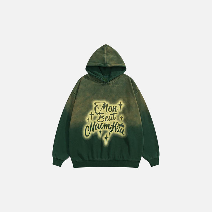 Front view of the green Star Washed Loose Hoodie in a gray background 